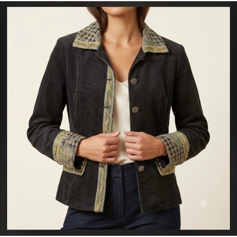 Lapis Corduroy Blazer Jacket Womens Small Black‎ Paisley Sequin Lace Trim
